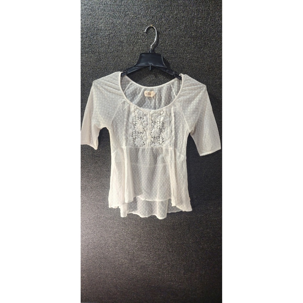 Hollister White Lace Mesh Henley Top Boho Sheer Floral Peplum Blouse XS